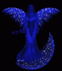 a blue angel stands on a crescent moon