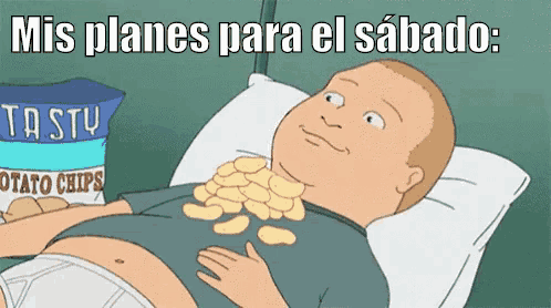 a cartoon of a man laying on a bed with a bag of tasty potato chips next to him