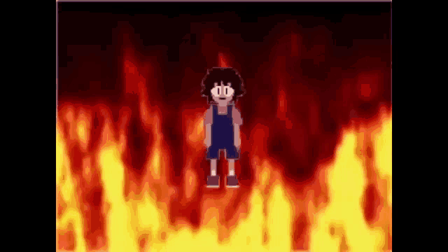 a pixel art of a boy standing in a fire .