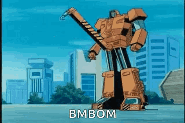 a cartoon robot is standing in front of a city with a crane on its arm .