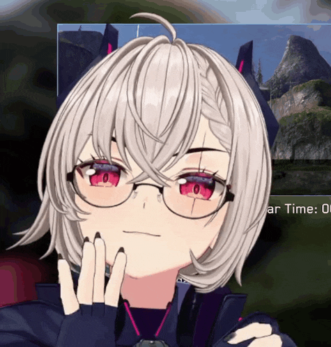 a girl with white hair and red eyes is wearing glasses and a glove
