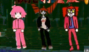 a group of three cartoon characters are standing next to each other in a video game .