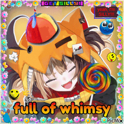 a picture of a girl with a lollipop and the words full of whimsy on the bottom