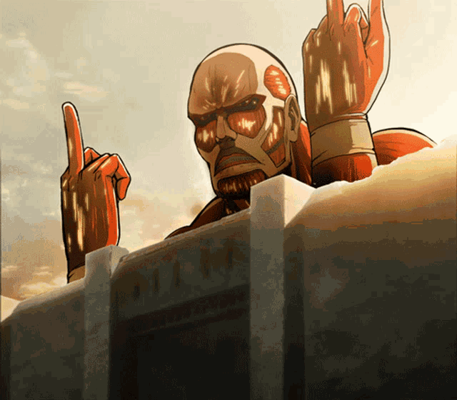 a cartoon of a man giving the middle finger with a building in the background