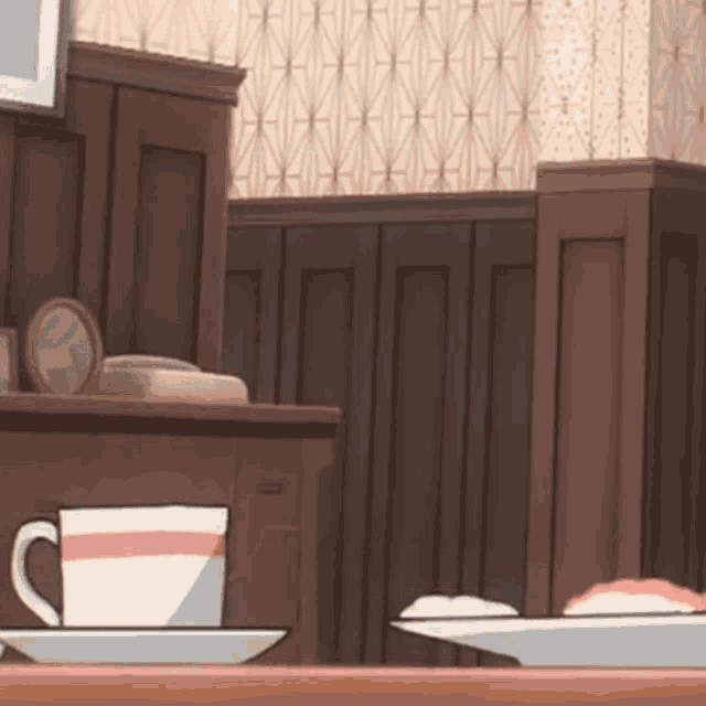 a cup and saucer sit on a table with a plate of food