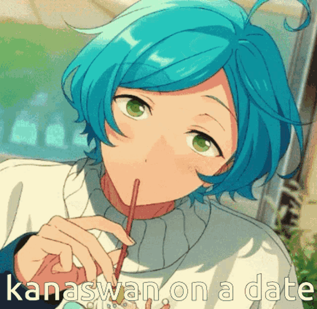 a blue haired anime character drinking through a straw