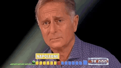a man with napoleone written on a yellow sign