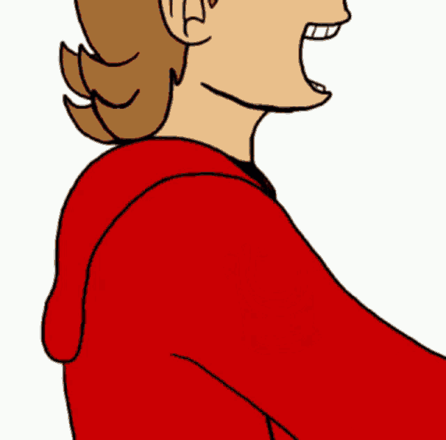 a cartoon of a man wearing a red hoodie is laughing .
