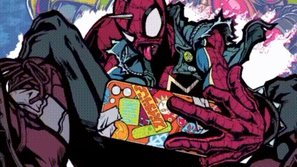 a comic book character is holding a skateboard with a sticker that says ' spider-man ' on it