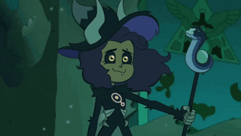 a cartoon character is holding a wand and a snake