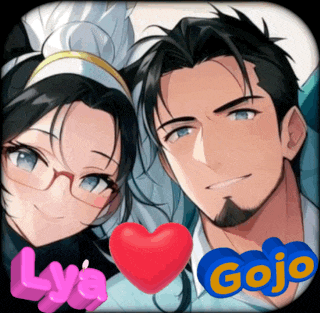 a man and a woman are standing next to each other with a heart in the middle and the words gojo on the bottom