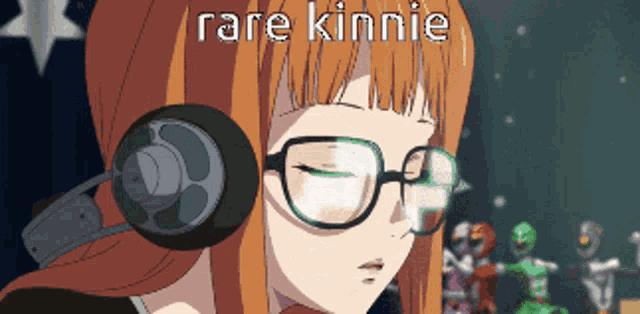 a girl wearing glasses and headphones says rare kinnie on the bottom