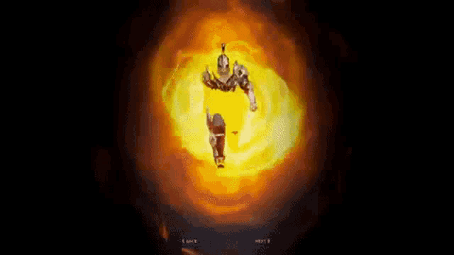a knight in armor is walking through a fire tunnel .