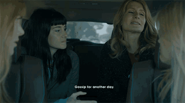 a group of women in a car with the words gossip for another day on the bottom