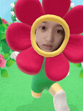 a girl in a flower costume with a yellow circle around her face