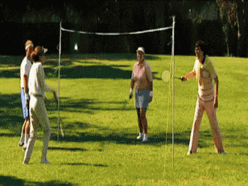 a group of people are playing a game of badminton on a lush green field
