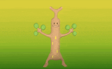 a cartoon tree with green arms and a smile on his face