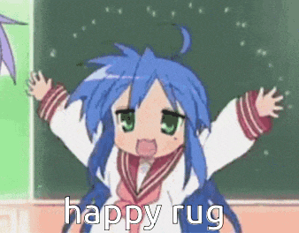 a cartoon of a girl with blue hair and the words happy rug