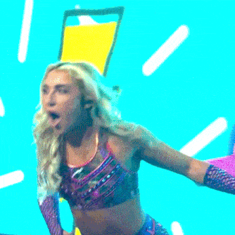 a woman in a purple top is standing in front of a blue lightning bolt