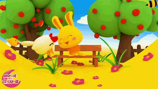 a cartoon of a rabbit sitting on a bench with the words monde des titounis on the bottom right
