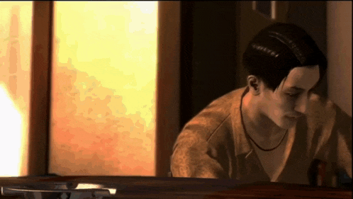 a man in a video game is looking out a window with a yellow background