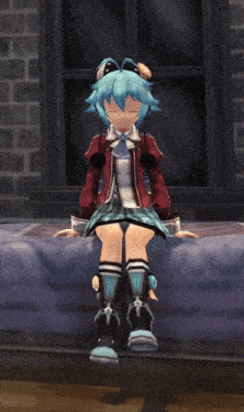 a girl with blue hair is sitting on a couch with her eyes closed