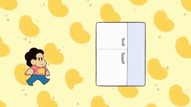 a cartoon character is opening a refrigerator surrounded by beans