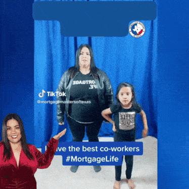a woman and two children are standing in front of a blue curtain that says mortgage life