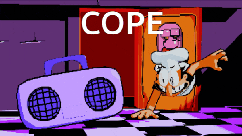 a cartoon of garfield standing next to a boombox with the word cope on it