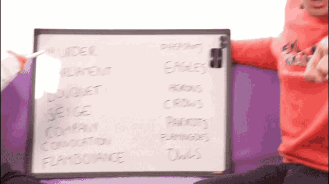 a person holding a white board with eagles written on it
