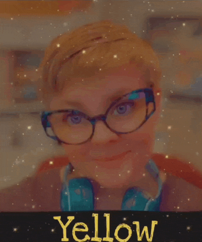 a woman wearing glasses and headphones is surrounded by yellow letters