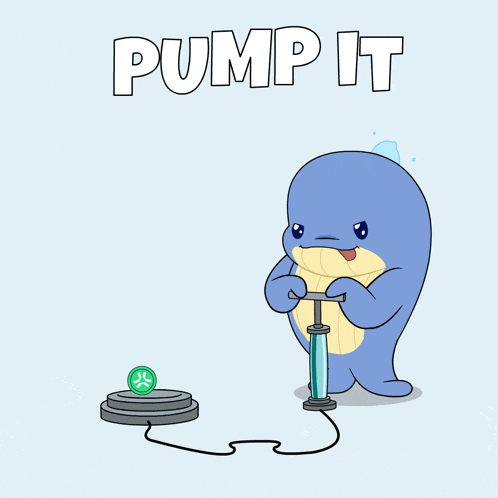 a cartoon of a whale pumping a green circle with the words pump it written above it
