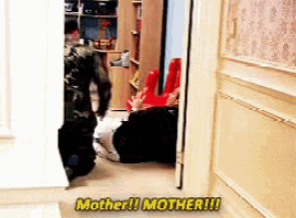 a person standing in a hallway with the words mother written on the bottom