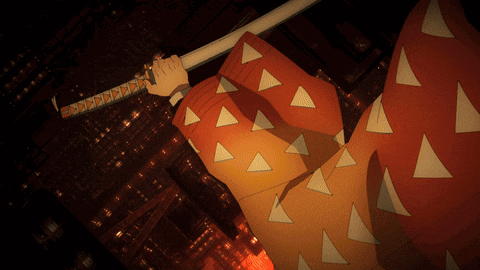 a person holding a sword in a dark room with a city in the background