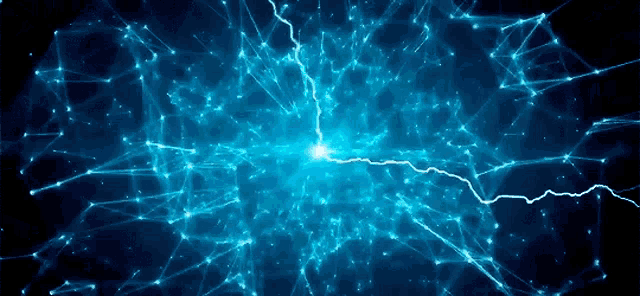 a blue lightning bolt is coming out of the center of a blue sphere