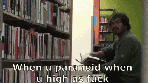 a man sitting in front of a bookshelf with the words when u paranoid when u high as fuck