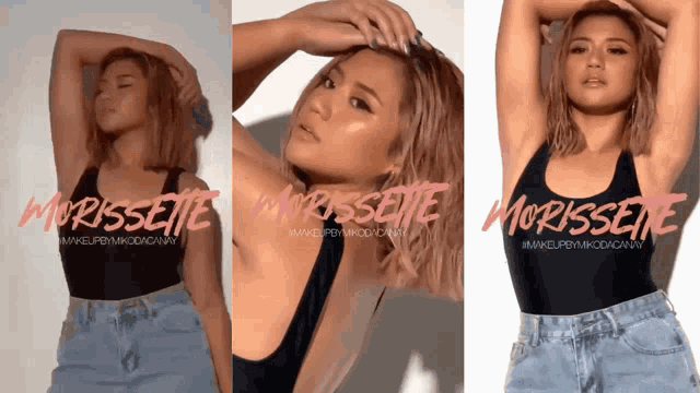 three images of a woman wearing a black tank top with the word morisette on it