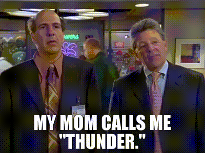 two men in suits and ties are standing next to each other with the caption my mom calls me thunder