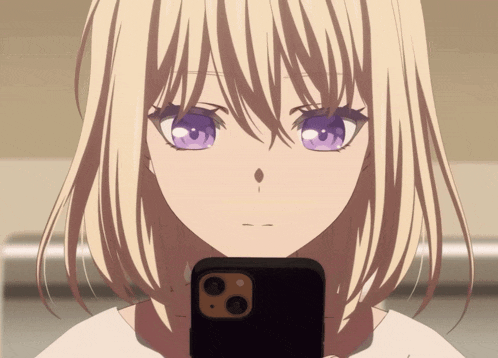 a blonde anime girl with purple eyes is taking a picture of herself