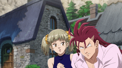 a couple of anime characters standing in front of a stone building