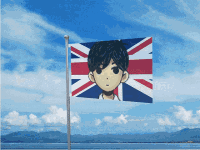 a flag with a boy 's face on it is flying in the wind