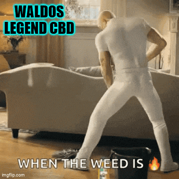 a man in white underwear is standing in front of a couch with the words waldo 's legend cbd written above him