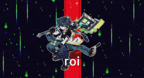 a green and yellow background with a cartoon character and the word roi