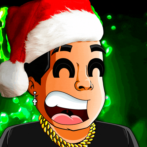 a cartoon character wearing a santa hat and a gold chain