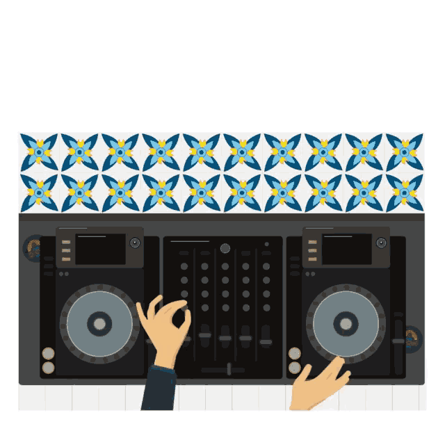 an illustration of a dj playing music with a blue and yellow pattern in the background