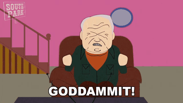 a cartoon of an old man sitting in a chair with the words goddammit written below him