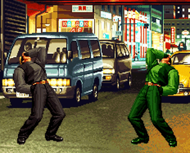 a pixel art of two men fighting in front of a karaoke sign