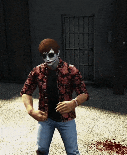 a man wearing a floral shirt and a mask is standing in front of a building