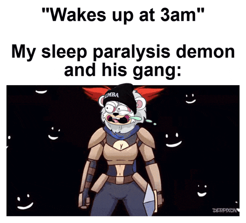 a cartoon of a bear holding a sword with the caption " wakes up at 3 am "