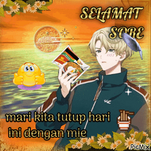 a cartoon of a man holding a bag of noodles with the words selamat sore written on it